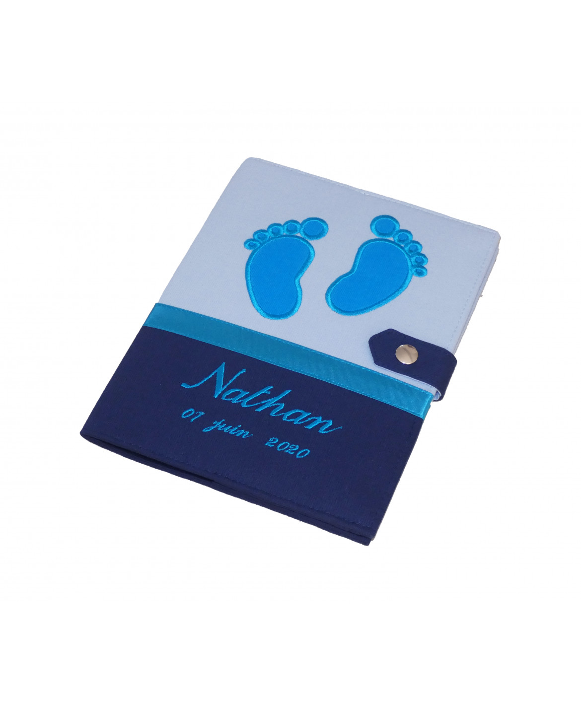 Protège carnet de santé garçon personnalisé rigide - baby feet - bleu - turquoise - cadeau de naissance personnalisé