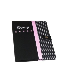 Protège carnet de santé rigide personnalisé - Cadeau de naissance fille personnalisé - noir ruban rose