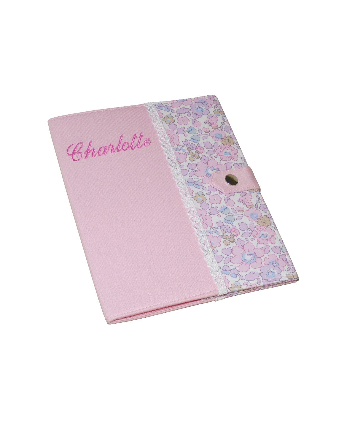 Protège carnet de santé rigide personnalisé - Cadeau de naissance fille personnalisé - liberty rose et dentelle