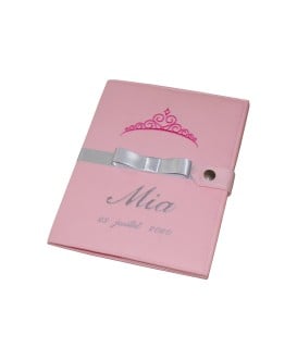 Protège carnet de santé rigide personnalisé rose - gris argent - couronne - ruban gris - fille