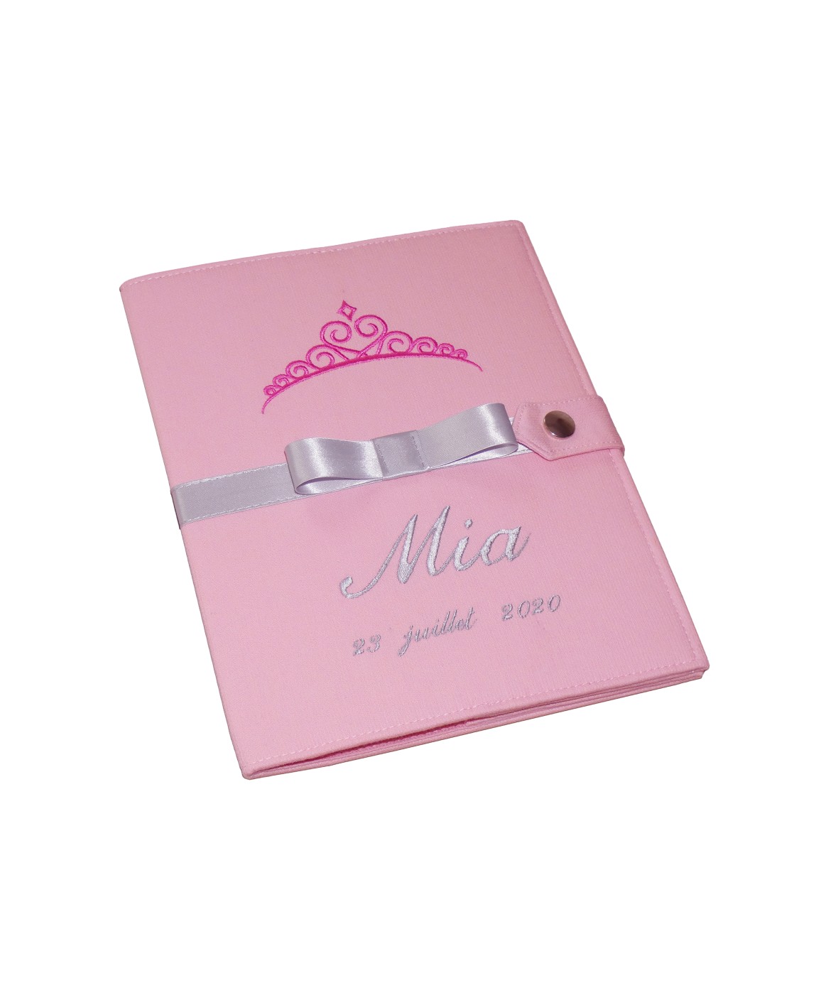 Protège carnet de santé rigide personnalisé rose - gris argent - couronne - ruban gris - fille