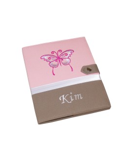 Protège carnet de santé rigide personnalisé rose et taupe - thème papillon - Cadeau de naissance fille personnalisé