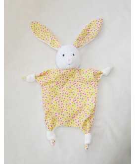 Doudou lapin blanc - petite fleur - jaune