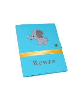 Protège carnet de santé rigide personnalisé - thème éléphant - bleu turquoise