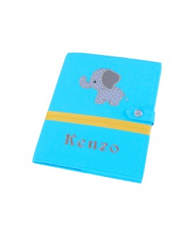 Protège carnet de santé rigide personnalisé - thème éléphant - bleu turquoise