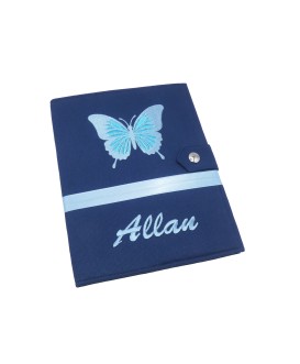 Protège carnet de santé rigide personnalisé - papillon bleu - bleu marine - Cadeau de naissance garçon