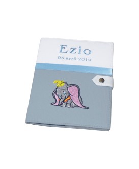 Protège carnet de santé rigide blanc et gris personnalisé - Eléphant Dumbo - Cadeau de naissance garçon