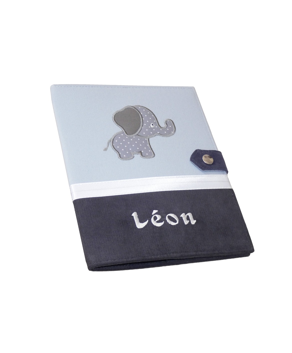 Protège carnet de santé rigide personnalisé gris et anthracite - Thème éléphant - Cadeau de naissance personnalisé
