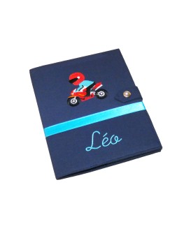 Protège carnet de santé rigide personnalisé - bleu marine - moto - Cadeau de naissance garçon