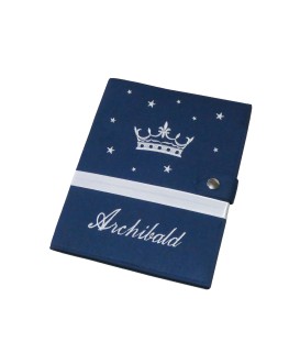Protège carnet de santé rigide personnalisé bleu marine - couronne - cadeau de naissance garçon