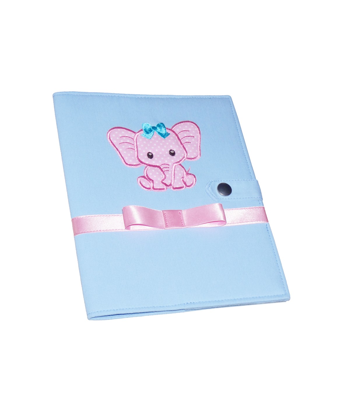 Protège carnet de santé rigide personnalisé - bleu ciel - bébé éléphant rose - Cadeau de naissance fille