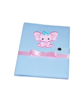 Protège carnet de santé rigide personnalisé - bleu ciel - bébé éléphant rose - Cadeau de naissance fille
