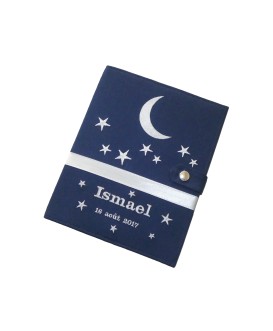 Protège carnet de santé rigide personnalisé - bleu marine - lune - Cadeau de naissance garçon