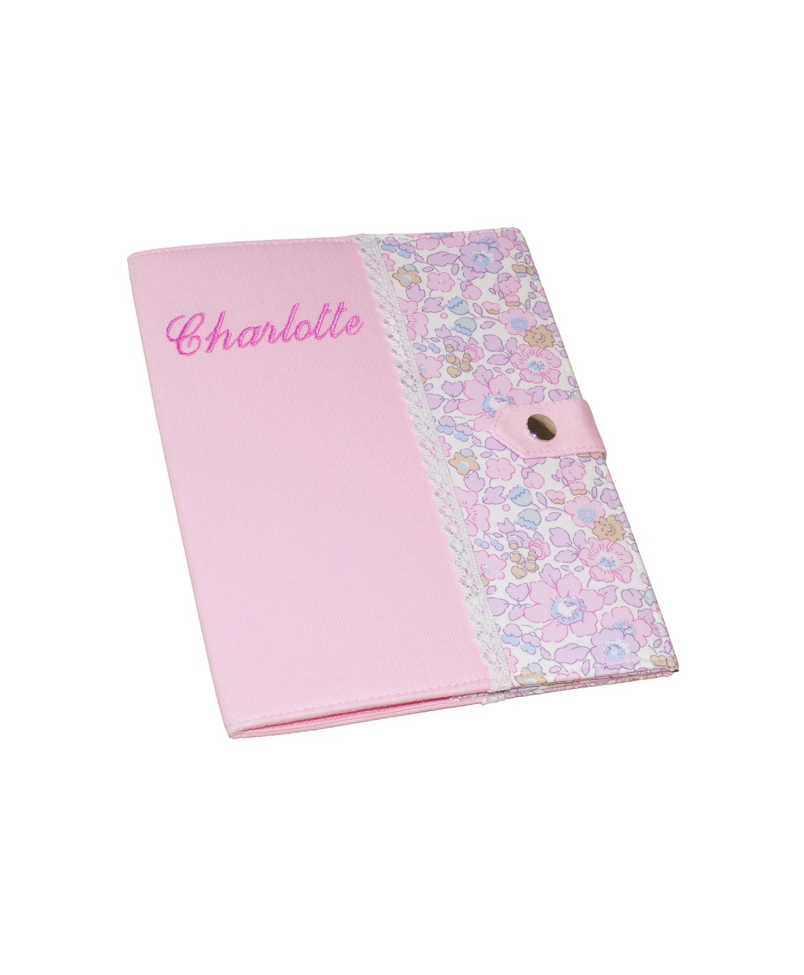 Protège carnet de santé rigide personnalisé - Cadeau de naissance fille personnalisé - liberty rose et dentelle