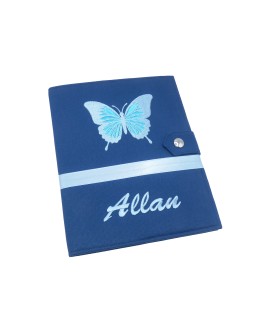 Protège carnet de santé rigide personnalisé - papillon bleu - bleu marine - Cadeau de naissance garçon