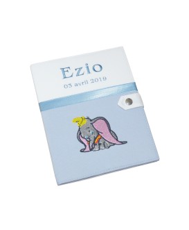 Protège carnet de santé rigide blanc et gris personnalisé - Eléphant Dumbo - Cadeau de naissance garçon