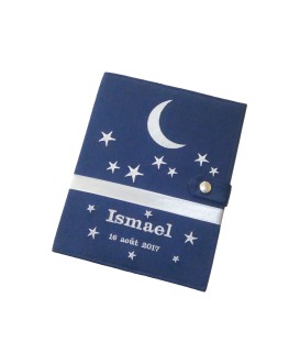 Protège carnet de santé rigide personnalisé - bleu marine - lune - Cadeau de naissance garçon