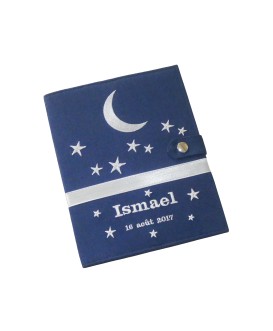 Protège carnet de santé rigide personnalisé - bleu marine - lune - Cadeau de naissance garçon