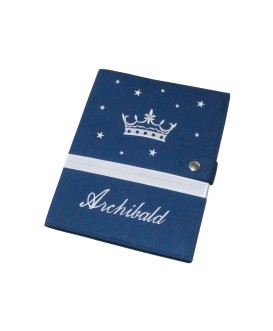 Protège carnet de santé rigide personnalisé bleu marine - couronne - cadeau de naissance garçon