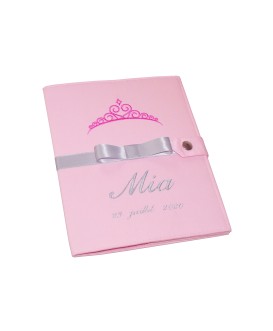 Protège carnet de santé rigide personnalisé  rose -  couronne - ruban gris - fille