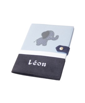 Protège carnet de santé rigide personnalisé gris et anthracite - Thème éléphant - Cadeau de naissance personnalisé
