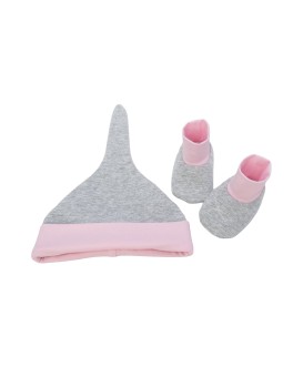 Ensemble bonnet et chaussons bébé naissance - rose et gris